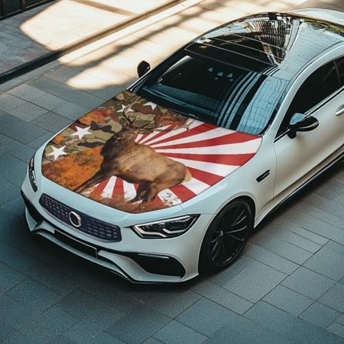 American Elk Print Car Hood Cover Polyester,Engine Protection Cover，Elastic Fabrics Can be Washed,Car Bonnet Banne