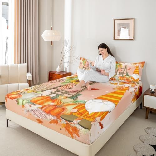Fall Gnomes Bed Sheets Full Fall Thanksgiving Pumpkin Bedding Set For Girls Teen Women Rustic Farm Autumn Harvest Sheet Set Sunflower Maple Leaf Fitted Sheet Red Orange Flat Sheet + 2 Pillow Cases - Image 7