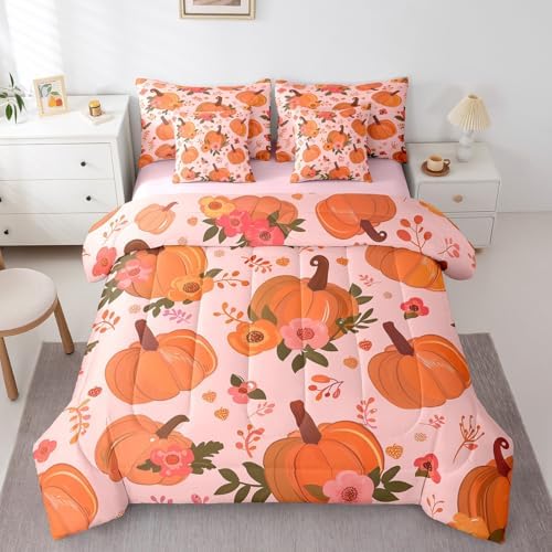 Erosebridal Autumn Pumpkin Full Comforter Set 7 Piece for Kids Girls Women,Thanksgiving Harvest Fall Bedding Set Cute Floral Botanical Bed in A Bag Rustic Pastoral Sheet Set with Comforter by Erosebridal