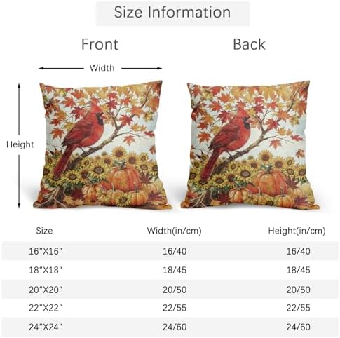 Fall Red Cardinal Bird Pillow Covers 18x18 Set of 2 Sunflower Thanksgiving Harvest Maple Leaves Throw Pillow Covers Pumpkin Pillowcase for Kitchen Outdoor Couch Bedroom Living Room Party Decoration - Image 4