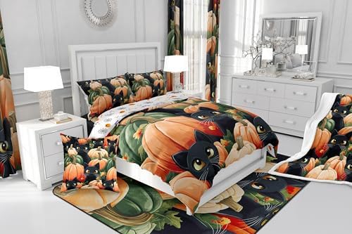 Erosebridal Black Cat Pumpkin Bedding for Youth Teenagers Happy Festival Bedding Comforter Sets, Kids Newborn Pumpkin Decor Comforter Set Magical Black Cat Quilt 3Pcs Queen, 1 Comforter 2 Pillowcases - Image 6