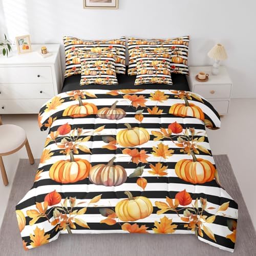 Erosebridal Thanksgiving Pumpkin Twin Comforter Set 7 Pieces Reversible Comforters Twin Size Bed Set Bed in a Bag with Comforter,Fall Leaves Sheets,Black and White Striped Autumn Harvest Bedding Sets by Erosebridal