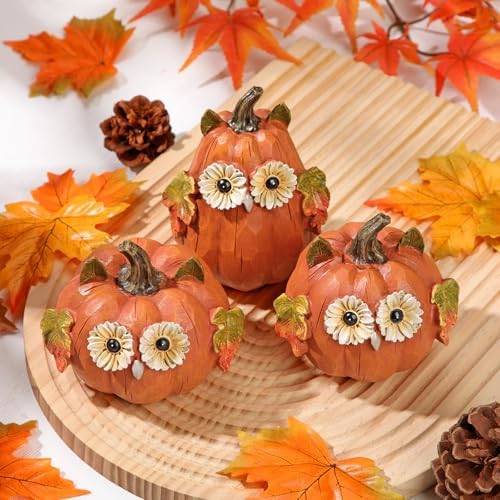 Fall Pumpkin Decor Small Fake Pumpkins Orange Resin Carved Pumpkin Owl Decorative Faux Pumpkin 3Pcs Artificial Pumpkins for Decorating Home Table Farmhouse Mantel Halloween Thanksgiving Centerpieces - Image 5