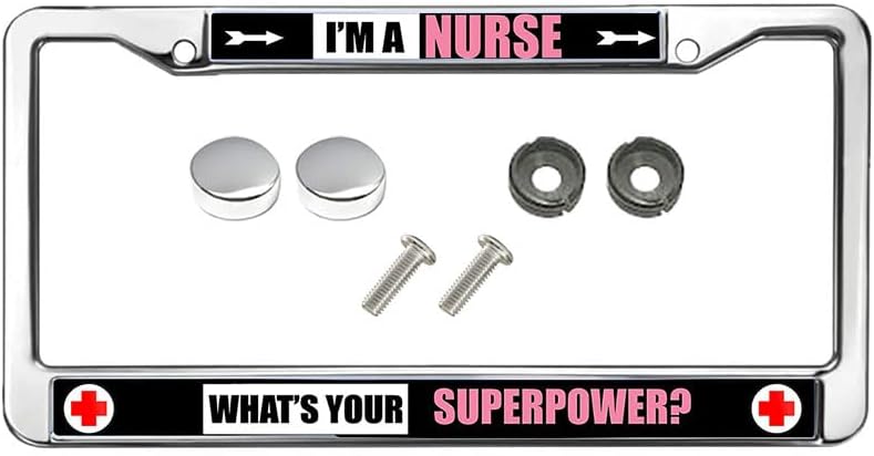 I'm a Nurse What's Your Superpower Black Car Chrome License Plate Frame Christ Cross Nurse Saying License Plate Frame for Women Wife Mom Bible Nurse Saying License Plate Frame for Women