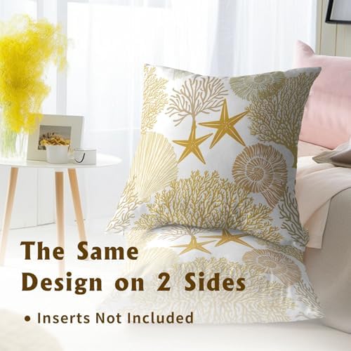 Summer Ocean Themed Nautical Coastal Throw Pillow Covers 18X18 Inches Set of 2 Yellow Seashell Starfish Coral Pillowcase Soft Cotton Square Cushion Covers for Home Sofa Patio Bedroom Decoration - Image 5