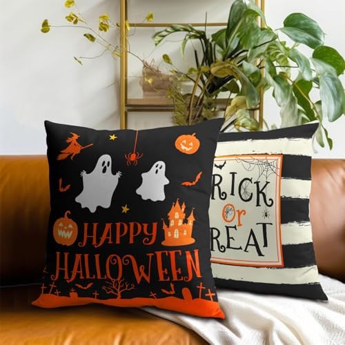 Happy Halloween Ghost Castle Pumpkin Throw Pillow Covers 16X16 Inches Set of 2 Trick or Treat Black and White Stripe Pillowcase Soft Cotton Square Cushion Covers for Home Sofa Bedroom Decoration - Image 7