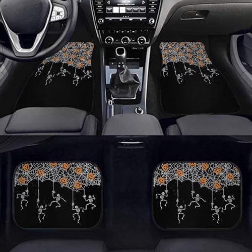 White Spider Web Skeleton Black Print Funny Halloween Car Floor Mats 4 PCS, Cute Durable Interior Accessories for Car SUV, All Weather Floor Mats with Front Rear Trunk Liners Set for Party