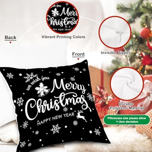 Lanpn Christmas Throw Pillow Covers 16x16 4 pcs, Black White Merry Christmas Xmas Winter Snowflake Decorative Holiday Cushion Pillow Cases 16 x 16 Indoor Farmhouse Home Room Couch Sofa Decor - Image 6