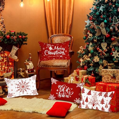 Lanpn Christmas Lumbar Throw Pillow Covers 14x20 Set of 4, Merry Christmas Winter Xmas Snowflake Decorative Holiday Cushion Pillow Cases 14 x 20 for Indoor Farmhouse Home Room Couch Decor (Red) - Image 5
