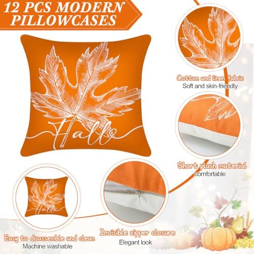 Flutesan 12 Pcs Fall Pillow Covers Hello Pumpkin Thanksgiving Decor, Black - Image 3