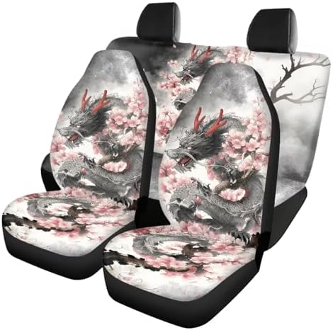 Cool Dragon Cherry Blossom Print Car Seat Covers 4Pcs Front & Rear Breathable Seat Covers Universal Fits for Truck, Sedan, SUV Auto Interior Protector Car Accessories