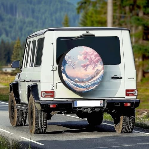 Spare Tire Cover, Weatherproof Wheel Cover with Ukiyo-e Print Dust-Proof Universal for Jeep Trailer RV SUV Camper Vehicle, Accessories 18-Inch Fits Tire Diameter 33"-34"