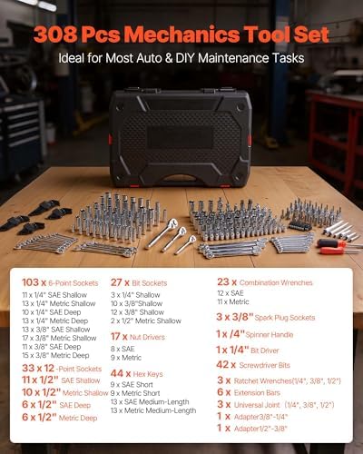VEVOR Mechanics Tool Set, 308-Piece Mechanic Tool Kit, 1/4 in, 3/8 in, and 1/2 in Drive, SAE and Metric Socket Set, Wrenches, Screwdriver Bits, Accessories, and Storage Case, for Automotive Repair - Image 3