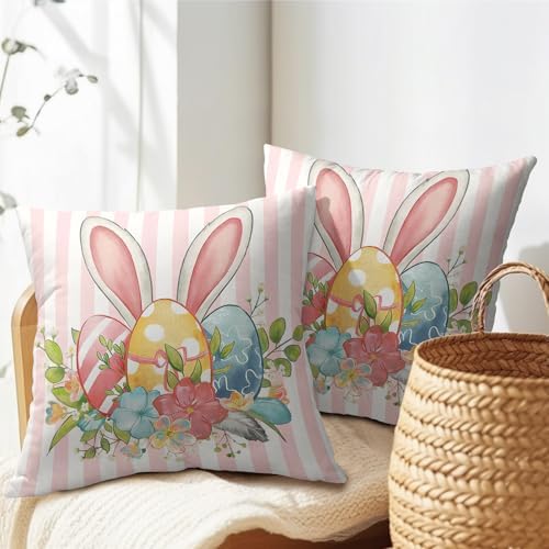 Easter Pillow Covers 16x16 Set of 2 Spring Throw Pillow Covers Rustic Bunny Ear Pink Pillowcase Linen Decoration Farmhouse Soft Decorative Eggs Stripe Cushion Case Couch for Indoor Outdoor Home Decor - Image 7