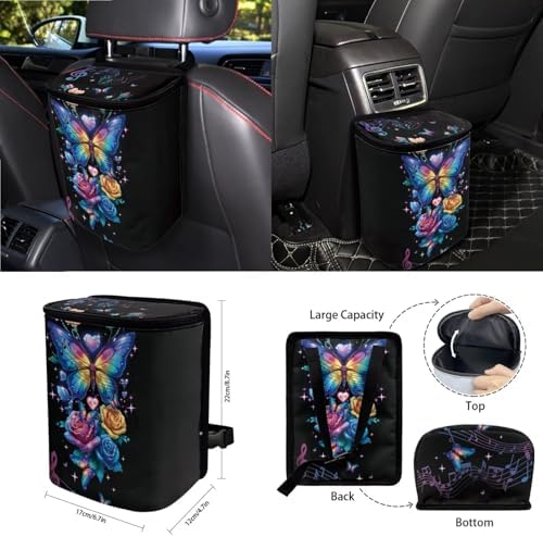 Butterfly Rose Car Seat Covers 15Pcs Full Set Car Steering Wheel Cover Seat Belt Cover Trash Bin Air Vent Storage Box Rear View Mirror Car Cup Holder Keychain Music Notes Print