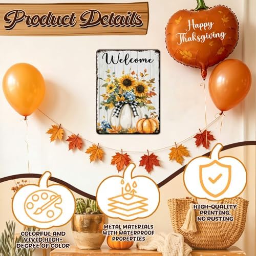 Thanksgiving Day Pumpkin Vintage Tin Sign Welcome Metal Wall Art for Bedroom Garage Kitchen Shop 12x16Inch - Image 3