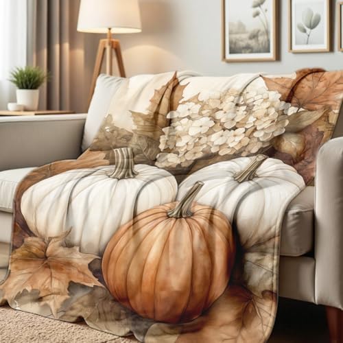 Fall Blankets and Throws White Pumpkin Print Blanket for Couch Bed Room Home Autumn Harvest Flannel Throw Thanksgiving Decor Gifts (49"x59") by Hunxiaoj