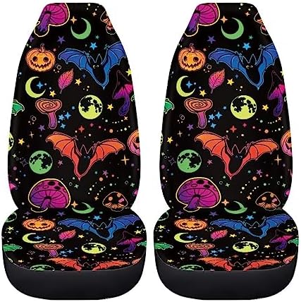 2 Pcs Halloween Bat Car Seat Covers Colorful Stars Moon Mushroom Auto Seat Cover for Front,Non Slip Dust Proof Vehicle Bucket Seat Cushion Protection Accessory Halloween Decor