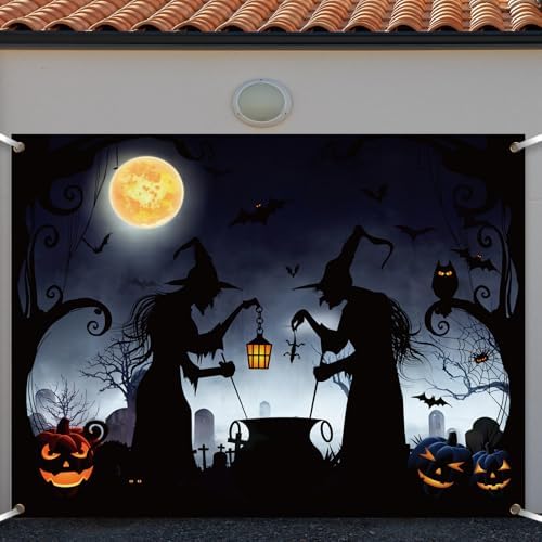 Preboun Halloween Garage Door Cover Banner Decor Witch Silhouette 7 x 9 ft - Image 5