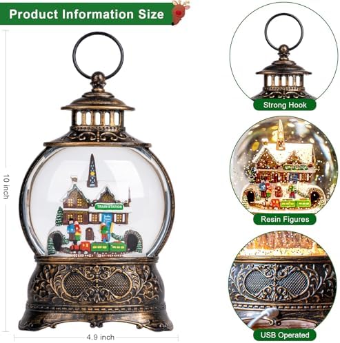 Christmas Snow Globes Christmas Water Lantern with Station Train, Music & 6H Timer, USB Lined/Battery Operated Lighted Lanterns for Xmas Festival Decoration Gifts - Image 5
