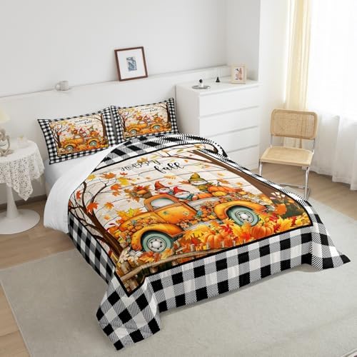 Homewish Happy Fall Comforter Set Queen Size Pumpkin Truck Maple Leaves Gnomes Bedding Set,Vintage Black White Grid Quilt Set for Kids Girls Boys Adult Room Decor,Rustic Farmhouse Duvet Insert 3Pcs - Image 4