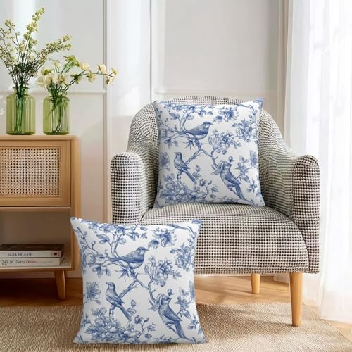 KiuLoam Blue and White Pillow Covers 20x20 Inch Set of 2, Chinoiserie Floral Bird Rustic Decorative Throw Pillows, Vintage Farmhouse Outdoor Square Cushion Cases for Sofa Couch Bed Home Decor - Image 3