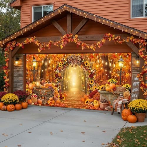 Fall Garage Door Cover 13x6ft Pumpkin Sunflower Arch Thanksgiving Decor - Image 7