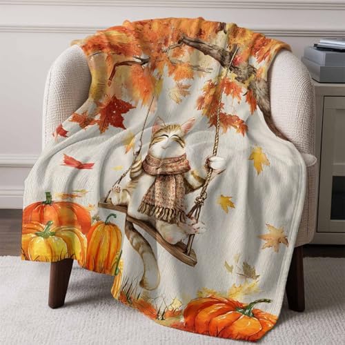 DecorLovee Fall Cat Blanket 60"x80", Reversible Thanksgiving Cute Throw Blanket for Couch/Bed, Orange Maple Leaf Pumpkins Lightweight Soft Throw Blankets for Men, Warm Fuzzy Blankets for Winter - Image 6