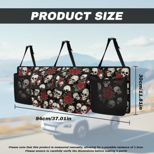Vintage Skull Red Rose Print Car Trunk Organizer Car Backseat Storage Bag with 4 Pockets Hanging Trunk Cargo Storage Universal Auto Accessories for Sedans SUV Trucks Van