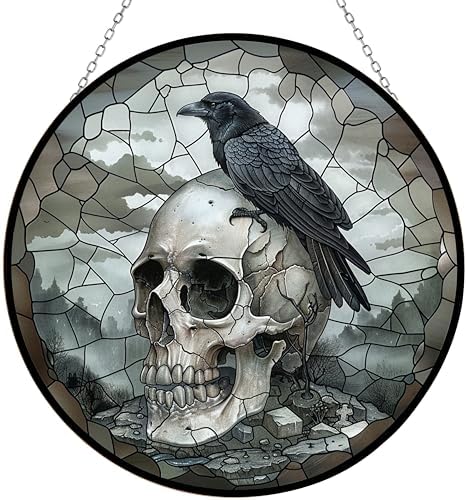 Skull Crow Stained Glass Window Hanging Colorful Suncatchers Stained Glass Panel Sun Catchers Wall Hanging Decor Gifts for Mom,Grandma by 365CUSGIFTS