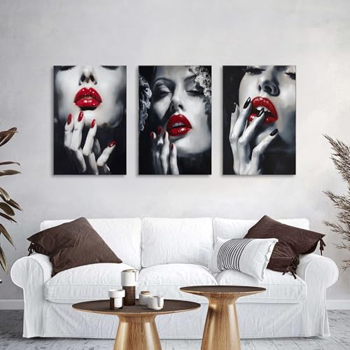 Black and White Fashion Wall Art Abstract American Women Canvas Prints Poster Trendy Girl Red Lip Painting Elegant Woman Picture Watercolor Girly Artwork Bedroom Living Room Home Decoration 24x36" 3P - Image 2
