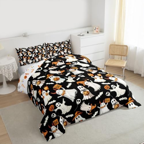 Happy Halloween Comforter Set Spooky Witch Hat Ghost Comforter King Size Gothic Pumpkin Bats Bedding Set for Kids Adult Bedroom Decor Fashion Black Quilt Duvet,3 Pcs with 2 Pillowcase - Image 5