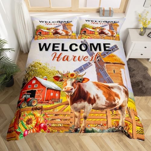 Fall Harvest Kids Duvet Cover Set Queen Size,Cow Rustic Farmhouse Bedding Set,Girls Boys Adults Room/Cabin Decor,Sunflowers Pumpkin Autumn Comforter Cover,Colorful Bright Quilt Cover,2 Pillowcases - Image 4