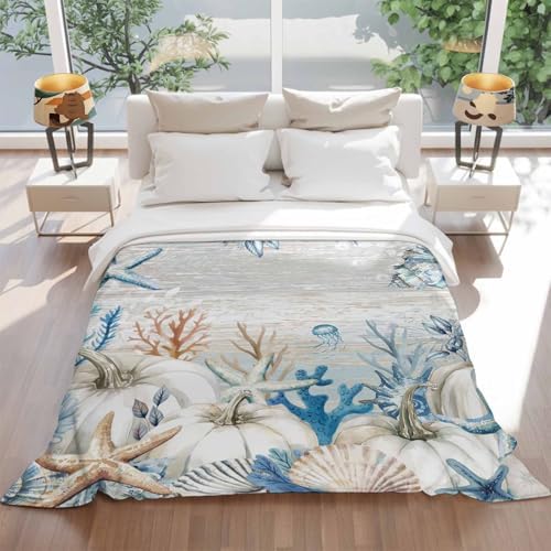DecorLovee Blue Coastal Fall Blanket 60"x80", Reversible Starfish Coral Throw Blanket for Couch/Bed, Thanksgiving Pumpkins Lightweight Soft Throw Blankets for Men, Warm Fuzzy Blankets for Winter - Image 5