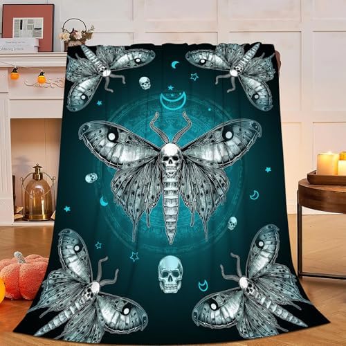 Moth Blanket Gothic Moth Throw Blankets Witchy Skull Print Cozy Fleece Flannel Stuff Plush Lightweight Dark Bedding Lover Gifts for Men Women Adults for Couch Sofa Bed Decor 60"X80" - Image 2