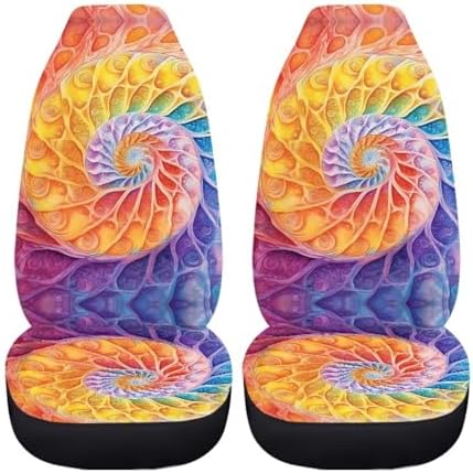 Fractal Art Car Seat Covers Universal Accessories 2 Pcs Set, Rainbow Tie-dye Car Accessories for Auto Trucks Van SUV, Fractal Spiral Auto Interior Protector Set