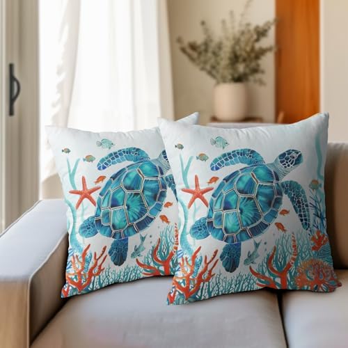 Summer Pillow Covers 20x20 Inch Set of 2, Sea Turtle Throw Pillow Covers Ocean Beach Pillowcase, Coral Starfish Decorative Seasonal Cushion Case Couch for Indoor Outdoor Home Decor - Image 3