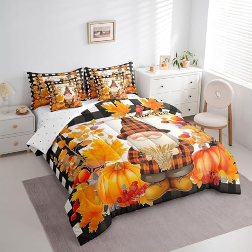 Erosebridal Fall Gnome 7 Piece Bedding Set Twin Thanksgiving Day Harvest Comforter Set with Sheets Farmhouse Maple Leaf Pumpkin Bed in A Bag for Kids Boys Girls Autumn Grids Country Bed Set - Image 3