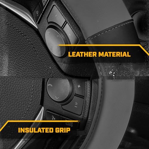 Cat® ErgoDrive Car Steering Wheel Cover with Dark Gray Grip, Black Faux Leather Steering Wheel Cover for Auto Truck Van SUV - Standard 14.5" - 15 Inches