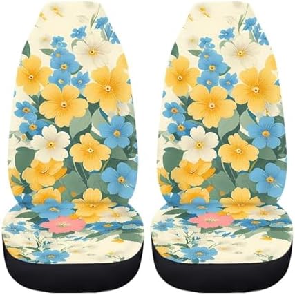 Daisy Car Seat Covers 2PCS Full Set, Rural Flower Field Marigold Universal Car Seat Protectors Auto Interior Decor, Countryside Marigold Interior Accessories Truck Van SUV