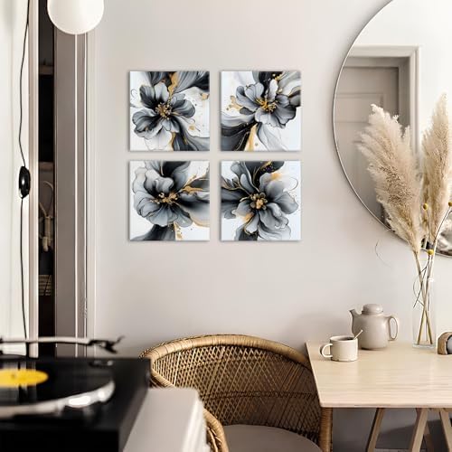 Black and White Gold Flower Wall Art Abstract Wall Decor Marble Texture Picture Canvas Prints Watercolor Minimalist Foil Fluid Framed Poster Modern Artwork for Bedroom Office Home Decoration 12x12 4P - Image 3