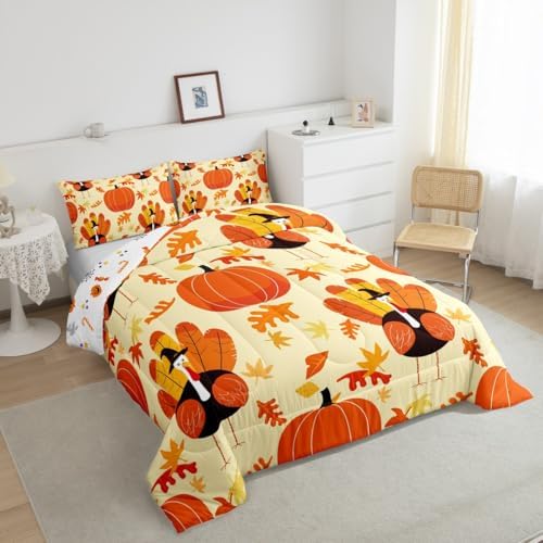 Pumpkin Comforter Set Full Size Fall Maple Leaves Bedding Set For Kids Boys Adults Chicken Cartoon Chic Funny Animal Down Comforter Thanksgiving Day Duvet Set Chick Botanical Bedroom Decor 3Pcs - Image 4