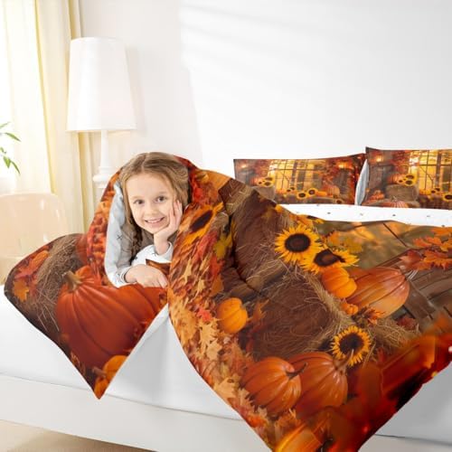 Feelyou Fall Bedding Set for Girls Boys Kids Twin Size Maple Leaves Comforter Cover Room Decor Pumpkin Daisy Duvet Cover Dark Orange Quilt Set - Image 6