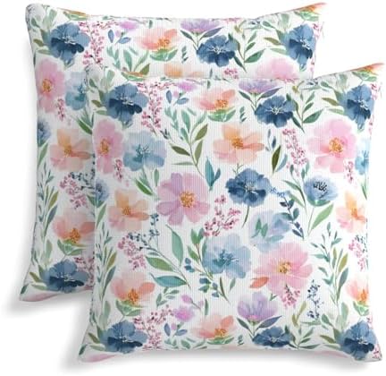 KiuLoam Spring Pillow Covers 22x22 Inch Set of 2, Blue Pink Watercolor Floral Leaf Rustic Farmhouse Decorative Throw Pillows, Spring Outdoor Square Cushion Cases for Sofa Couch Bed Home Decor by KiuLoam