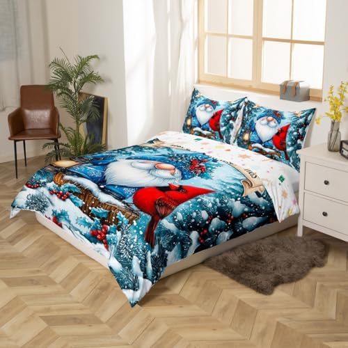 Manfei Kawaii Santa Claus Kids Duvet Cover Set Queen Size,Poinsettia Cardinal Christmas Birds Bedding Set,Holly Berries Winter Snowflake Room Decor,Blue Red Quilt Cover,2 Pillowcases(No Comforter) - Image 5