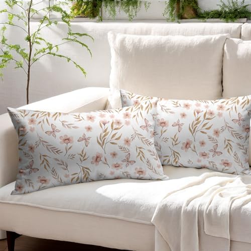 Spring Pink Floral Pillow Covers 12x20 Set of 2 Flower Leaf Throw Pillow Covers Pillowcase Linen Decoration Farmhouse Soft Decorative Butterfly Vintage Cushion Case Couch for Indoor Outdoor Home Decor - Image 3