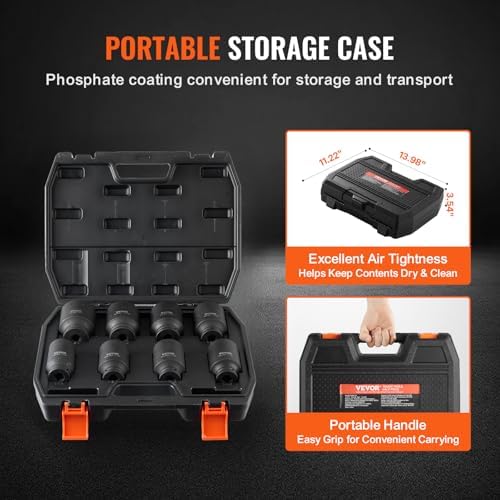 VEVOR Axle Nut Impact Socket Set - 1/2" Drive Deep 6-Point 8-Piece SAE Spindle Nut Socket CR-MO Heat Treated Large Socket Set with Storage Case for Auto Repair, Removing or Installing Axle Nuts - Image 6