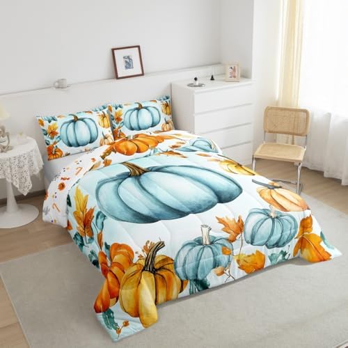 Erosebridal Kids Fall Pumpkin Bedding Twin for Teenagers Girls Boys, Blue Pumpkin Decor Comforter Set Autumn Leaves Bedding Comforter Sets 2 Pieces, Rustic Farmhouse Quilt with 1 Pillowcase - Image 3