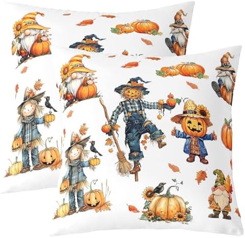 Autumn Thanksgiving Pack of 2 Pillow Covers for Bed Sofa,Rustic Fall Pumpkin Scarecrow Sunflower Maple Leaves Reversible Print Cushion Covers,Farmhouse Harvest White Pillow Covers,22"x 22" by Manfei