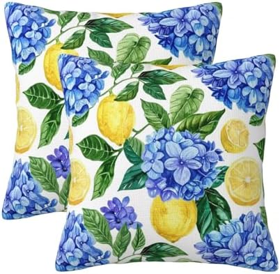 KiuLoam Summer Lemon Hydrangea Pillow Covers 24x24 Set of 2 Blue Yellow Floral Decorative Throw Pillow Covers Outdoor Farmhouse Cushion Cases for Sofa Couch Bed Living Room Decor by KiuLoam